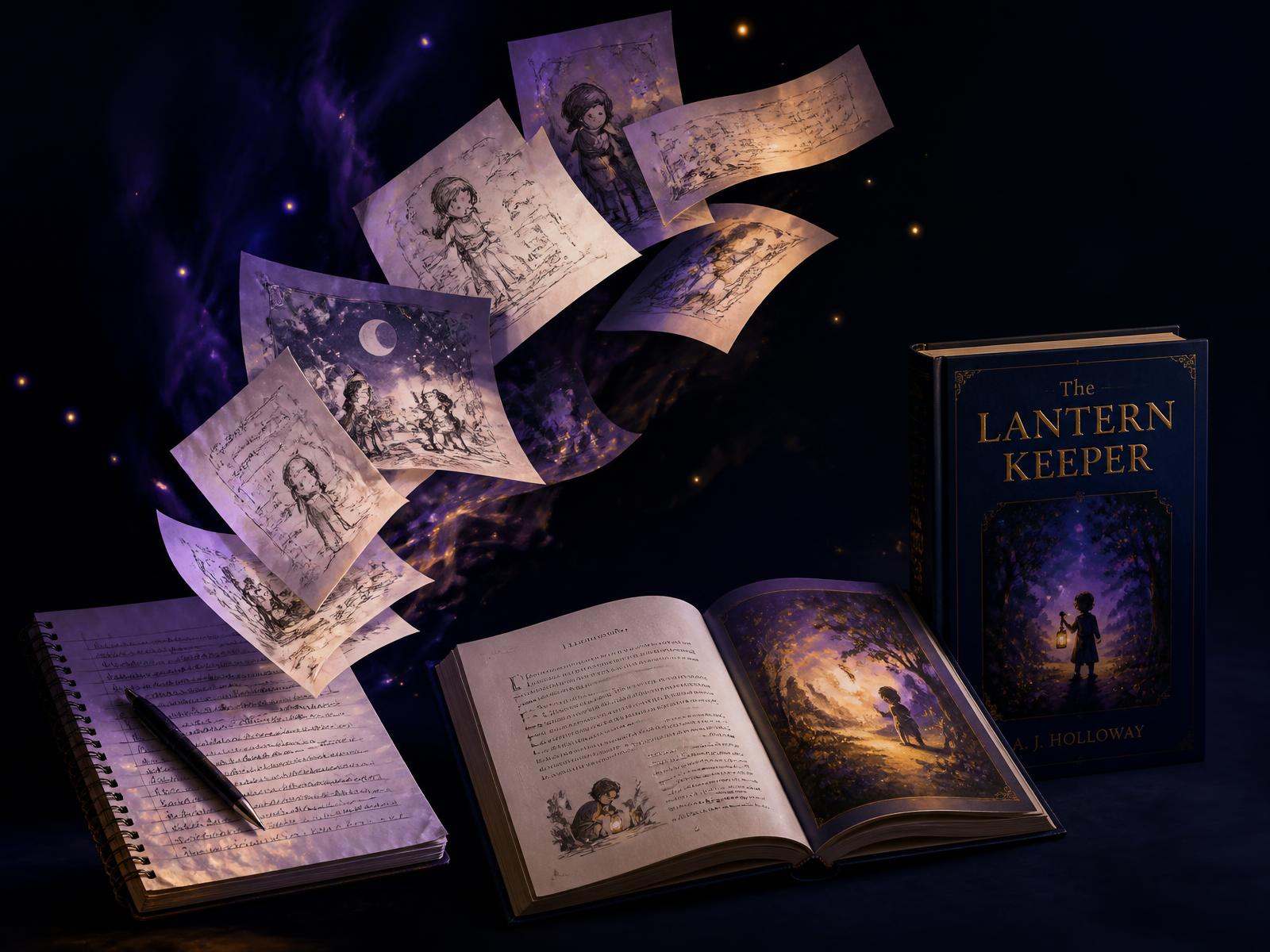 Handwritten notes transforming into illustrated storybook pages and a finished hardcover book